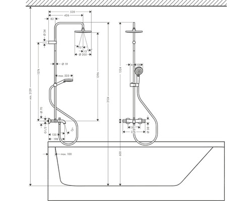Technische Zeichnung einer Duscharmatur mit Maßangaben für die Installation über einer Badewanne.