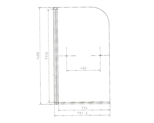 Technische Zeichnung einer Duschwand mit Maßen