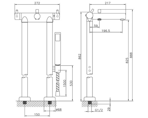Maßzeichnung einer freistehenden Badewannenarmatur mit Handbrause und Maßangaben