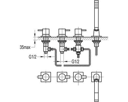 Technische Zeichnung einer Badewannenarmatur zur Wandmontage mit Handbrause