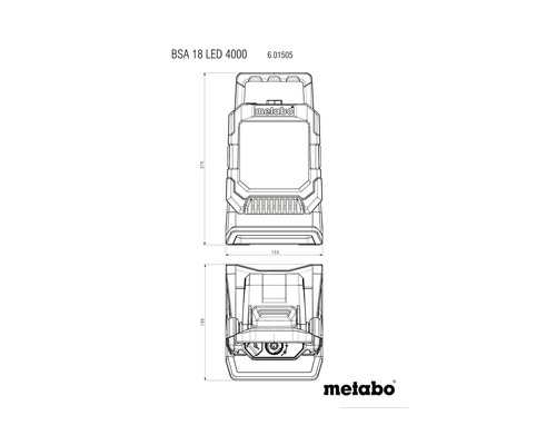 Metabo Logo mit technischen Zeichnungen einer BSA 18 LED 4000 Baustellenleuchte