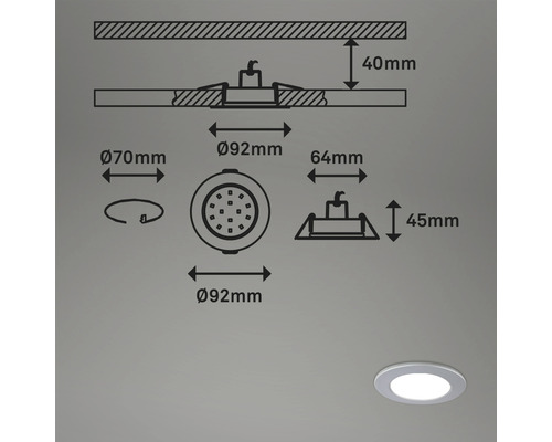 Technische Zeichnung einer LED Einbauleuchte mit Maßangaben