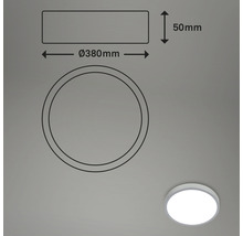 Technische Zeichnung einer runden Deckenleuchte mit einem Durchmesser von 380 Millimeter und einer Höhe von 50 Millimeter.