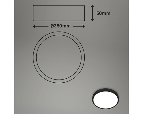 Technische Zeichnung einer Deckenleuchte mit den Maßen 380 mm Durchmesser und 50 mm Höhe