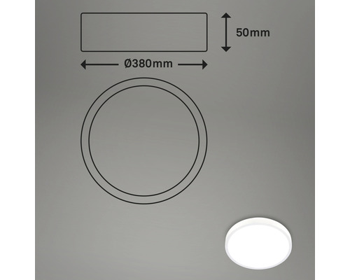 Technische Zeichnung einer Deckenleuchte mit den Maßen 380 Millimeter Durchmesser und 50 Millimeter Höhe