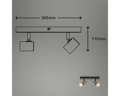 Technische Zeichnung einer Deckenleuchte mit zwei Strahlern und Maßangaben