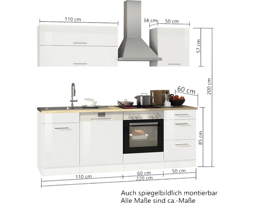 Küchenzeile mit Spüle, Geschirrspüler, Backofen, Kochfeld, Dunstabzugshaube und Hängeschränken mit Maßangaben