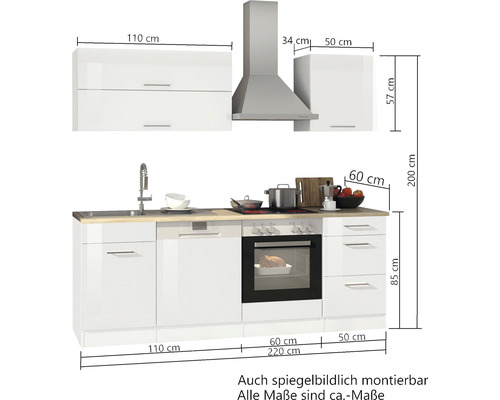 Küchenzeile mit Hängeschränken, Dunstabzugshaube, Spüle, Geschirrspüler, Herd und Backofen mit Maßangaben