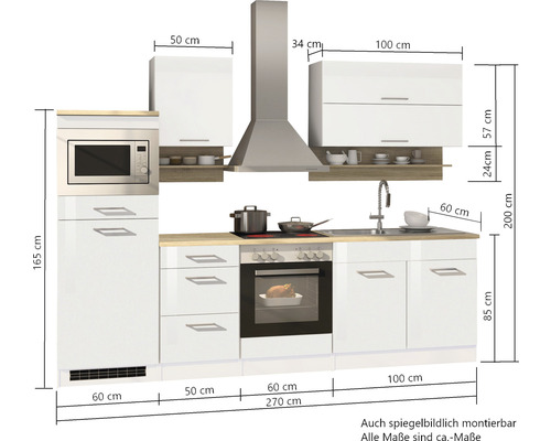 Küchenzeile mit Spüle, Herd, Backofen, Mikrowelle und Dunstabzugshaube mit Maßangaben