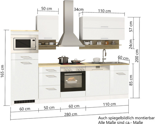 Küchenzeile mit Einbauschränken, Spüle, Dunstabzugshaube und Elektrogeräten mit Maßangaben