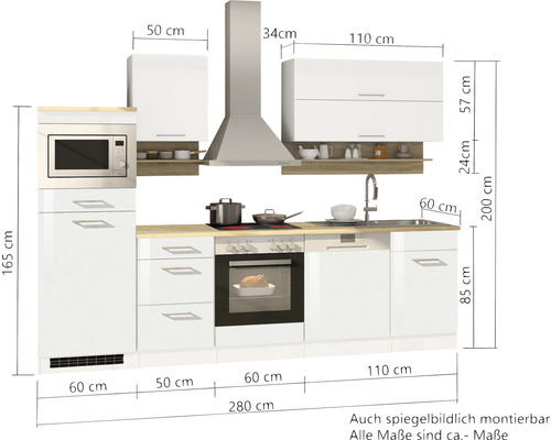 Küchenzeile mit Unterschränken, Hängeschränken, Dunstabzugshaube und integrierten Geräten mit Maßangaben