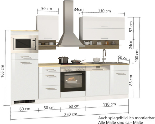 Küchenzeile mit Elektrogeräten und Maßen