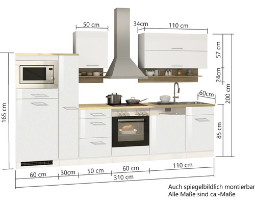Komplette Küche mit Elektrogeräten und Maßangaben