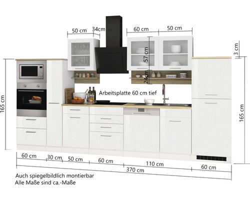 Küchenzeile mit Elektrogeräten und Abmessungen