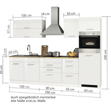 Komplette Küche mit Abmessungen, bestehend aus Spüle, Kochfeld, Dunstabzugshaube, Ober- und Unterschränken