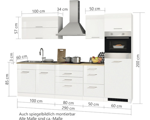 Komplette Küche mit Spüle, Herd, Dunstabzugshaube und Schränken mit Maßangaben