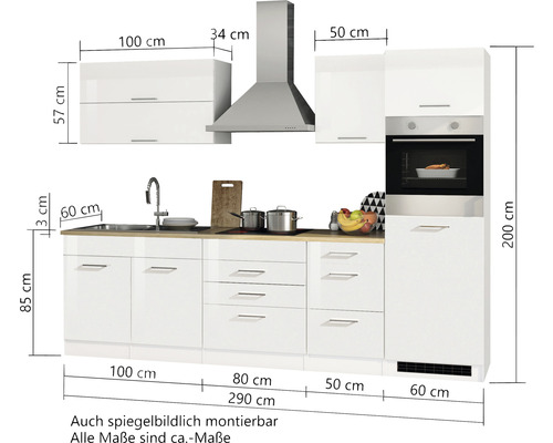Komplette weiße Küche mit Hängeschränken, Dunstabzugshaube und eingebautem Backofen mit Maßangaben
