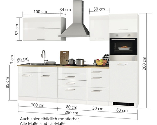 Komplette Küche mit Hängeschränken, Dunstabzugshaube, Spüle, Kochfeld und Backofen mit den Maßangaben