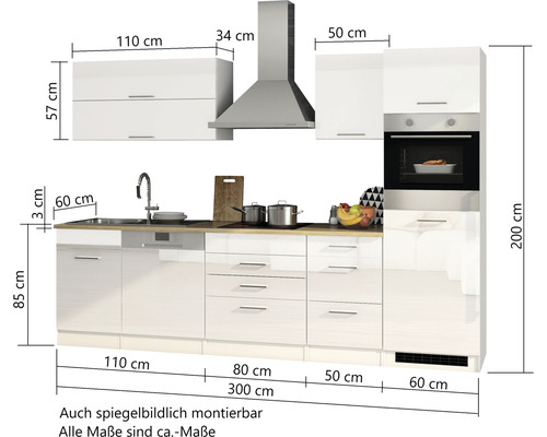 Küchenzeile mit Spüle, Geschirrspüler, Schubladen, Kochfeld, Dunstabzugshaube und Einbaubackofen mit Oberschränken und Maßangaben