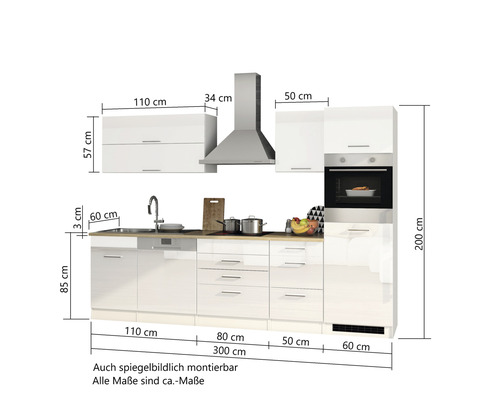 Küchenzeile mit Hängeschränken, Spüle, Herd und Dunstabzugshaube sowie Maßangaben.