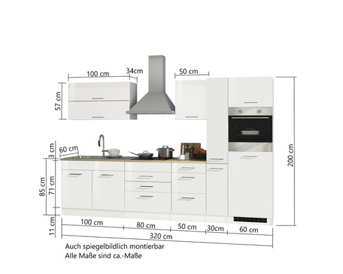 Küchenzeile mit Spüle, Dunstabzugshaube und Backofen mit Maßangaben