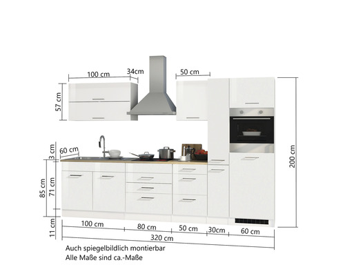 Komplette Küche mit Spüle, Herd und Dunstabzugshaube sowie Maßangaben