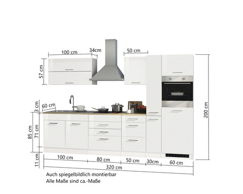 Küchenzeile mit Spüle, Dunstabzugshaube und Backofen mit Maßangaben