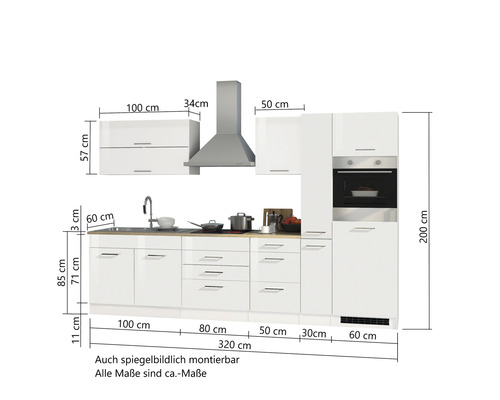 Küchenzeile mit Spüle, Dunstabzugshaube und Elektrogeräten mit Maßangaben