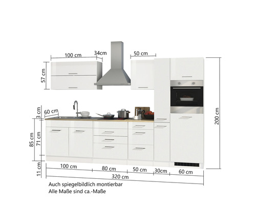 Küchenzeile mit Spüle, Dunstabzugshaube und Einbaubackofen mit Maßangaben