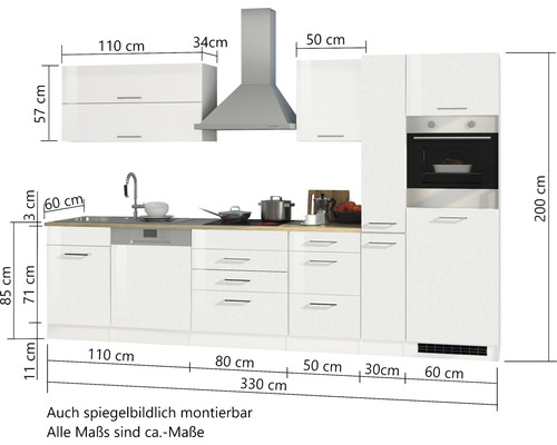 Küchenzeile mit Spüle, Kochfeld, Dunstabzugshaube, Geschirrspüler und Einbaubackofen mit Maßangaben