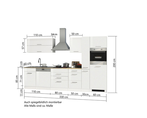 Komplette weisse Einbauküche mit Abmessungen