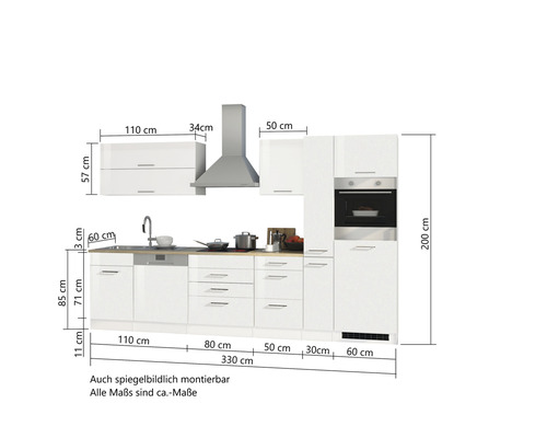 Komplette weisse Küche mit Abmessungen