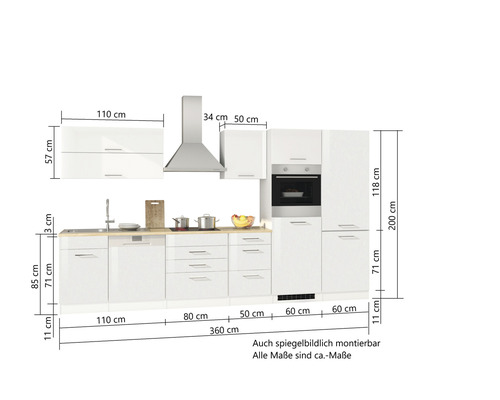 Küchenzeile mit Ober- und Unterschränken sowie Dunstabzugshaube mit Maßangaben