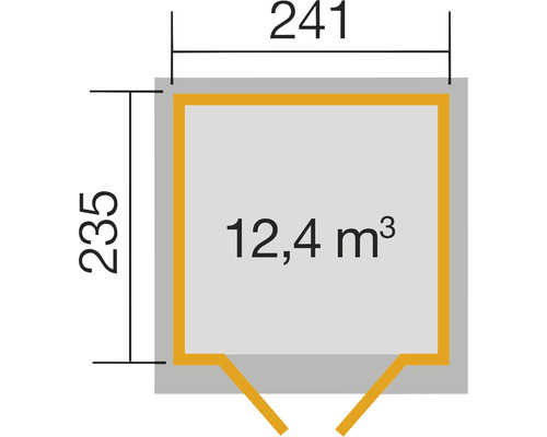 Grundriss mit den Maßen 241 mal 235 und einem Volumen von 12,4 Kubikmetern