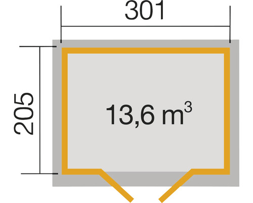 Grundriss mit Maßangaben: 301 x 205 cm, Rauminhalt 13,6 Kubikmeter