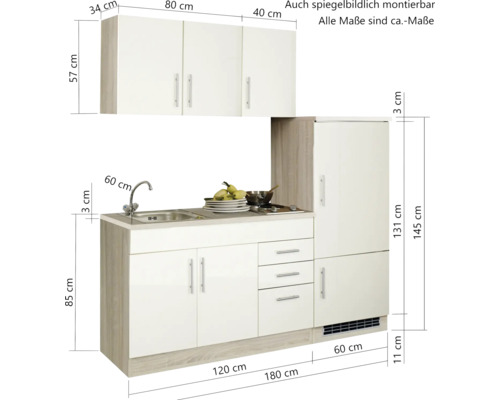 Einbauküche mit Spüle, Kochfeld und Kühlschrank mit Maßangaben