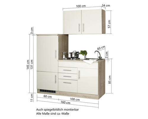 Kompakte Küchenzeile mit Spüle, Kochfeld und Oberschrank mit Maßangaben