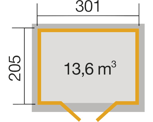 Grundriss mit Abmessungen 301 x 205 cm und Volumen 13,6 Kubikmeter