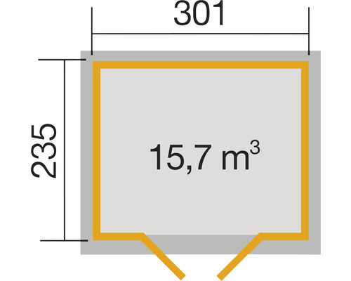 Grundrisszeichnung mit Maßangaben: 301 x 235 cm, Volumen 15,7 Kubikmeter