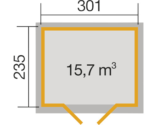 Grundrisszeichnung mit Abmessungen: 301 x 235 cm und 15,7 Kubikmeter Rauminhalt