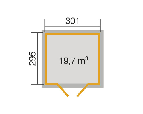 Grundrisszeichnung mit Abmessungen: 295 x 301 cm, Volumen 19,7 Kubikmeter