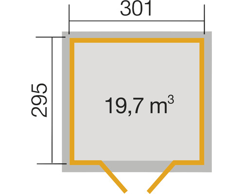 Grundriss mit Abmessungen 295 mal 301 und Rauminhalt 19,7 Kubikmeter