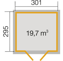 Grundriss mit Größenangaben: 295 x 301 Zentimeter, Rauminhalt 19,7 Kubikmeter