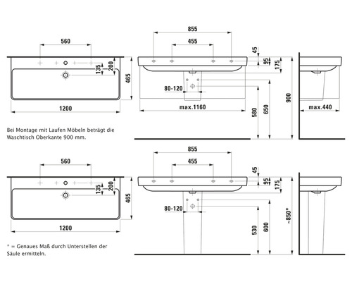 Technische Zeichnung eines Waschtisches mit Maßangaben