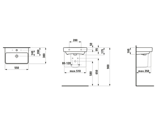 Technische Zeichnung eines Waschbeckens mit Maßen