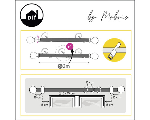 Installationsanleitung für eine Gardinenstange mit den Maßen 10 bis 15 Zentimeter über dem Fenster