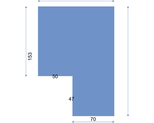 Technische Zeichnung eines L-förmigen Bauteils mit Maßangaben in Zentimetern