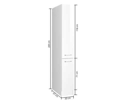 Weißer Hochschrank mit zwei Türen und Schubladen, Maße 200 x 57 x 30 cm