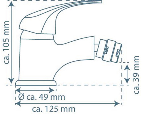 Zeichnung eines Wasserhahns mit Maßangaben: Höhe circa 105 Millimeter, Durchmesser circa 49 Millimeter, Länge circa 125 Millimeter, Ausladung circa 39 Millimeter.