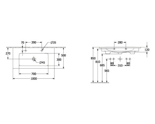 Technische Zeichnung eines Waschtisches mit Maßangaben